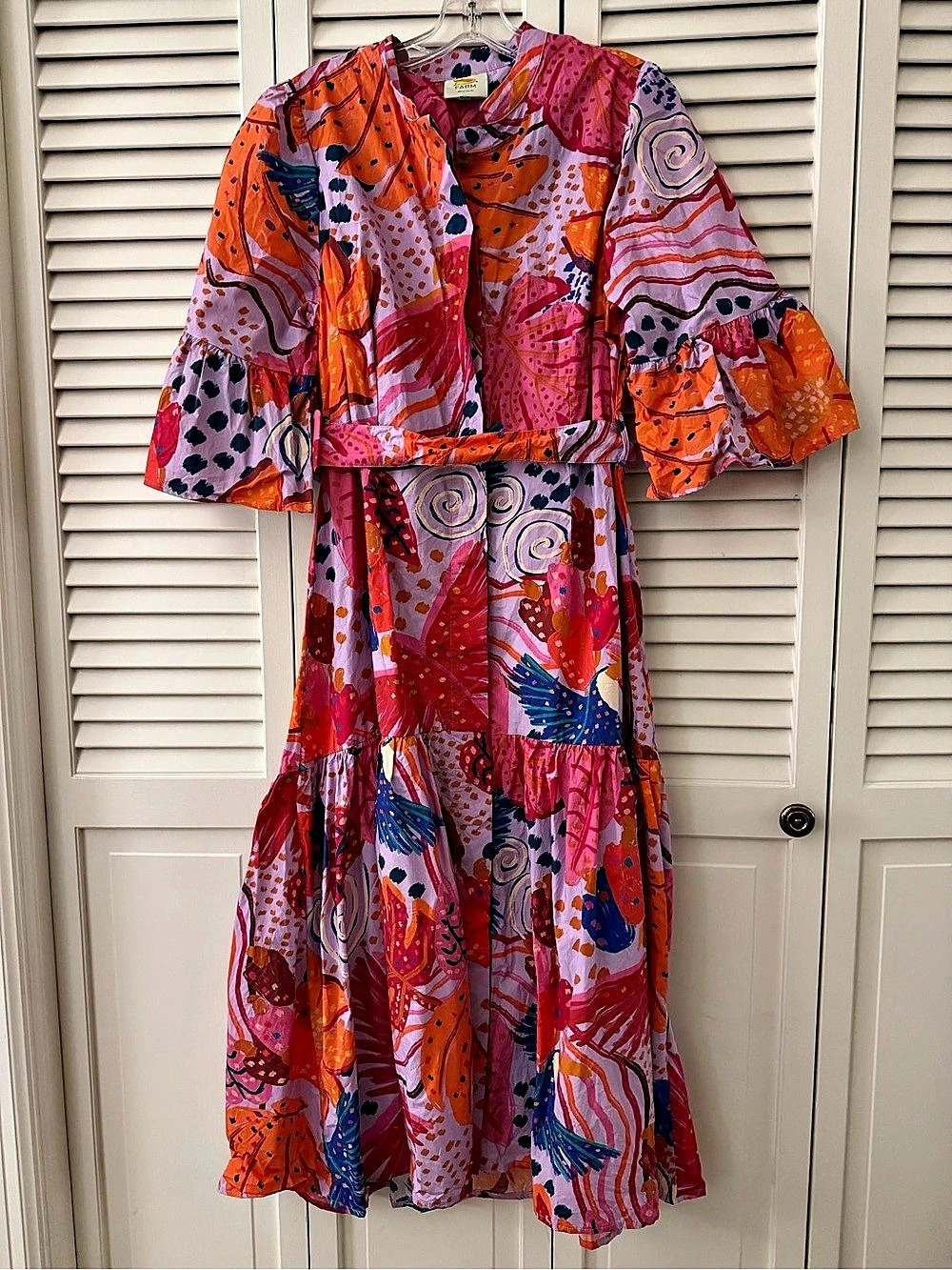 Farm Rio Tropical Tapestry Belted Midi Shirtdress Pink & Orange size large